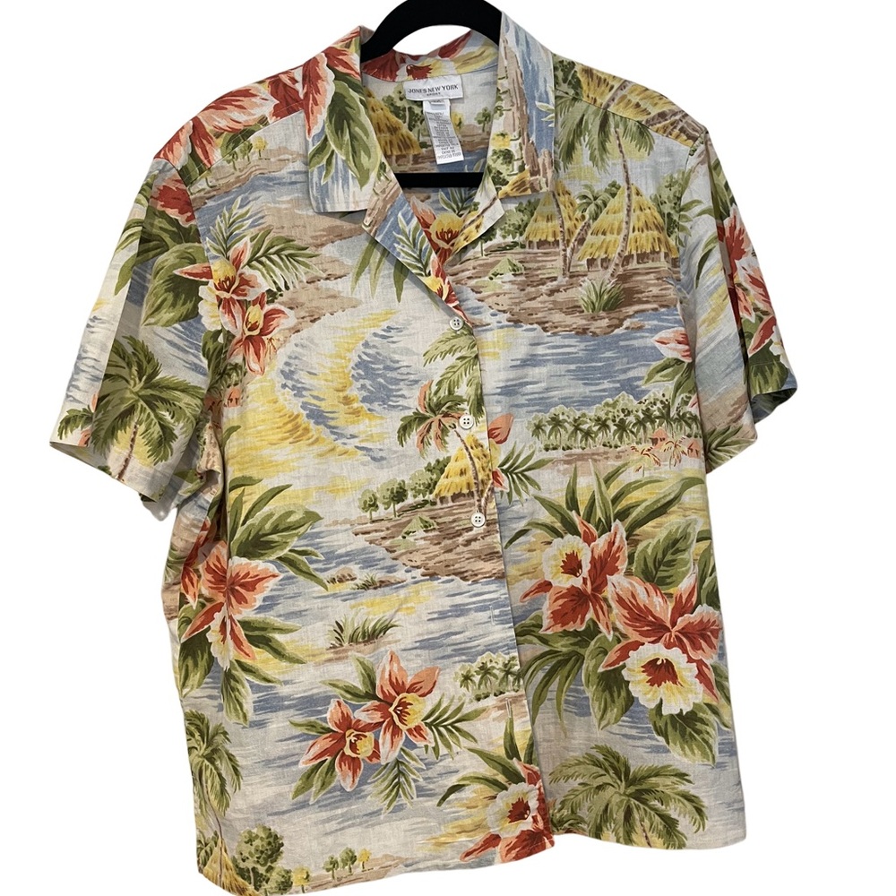 JONES NEW YORK SPORT 2X LINEN SHORT SLEEVE BUTTON FRONT BLOUSE EX. COND.